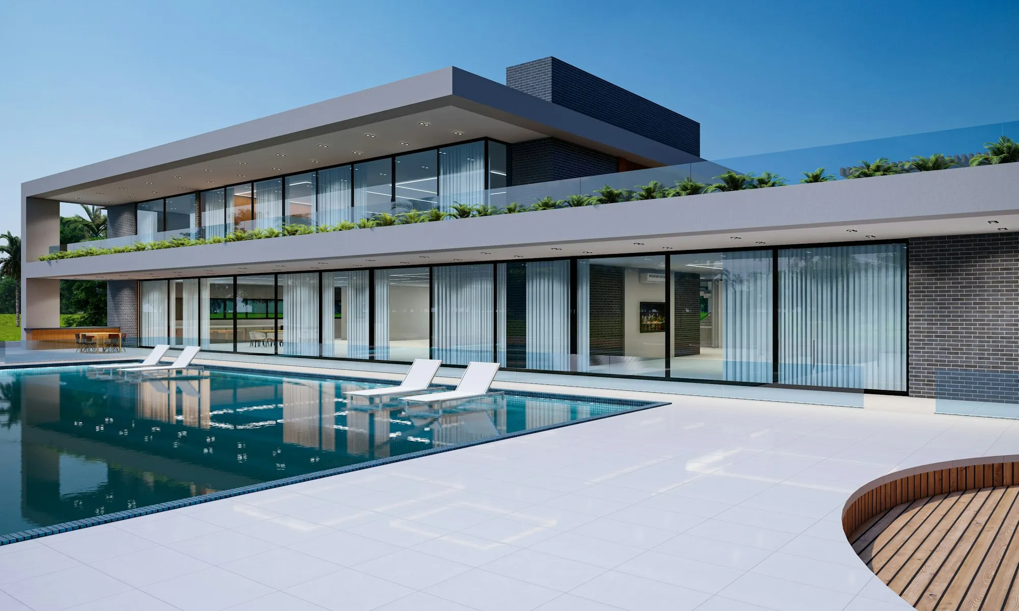 Contemporary hillside house with pool at dusk