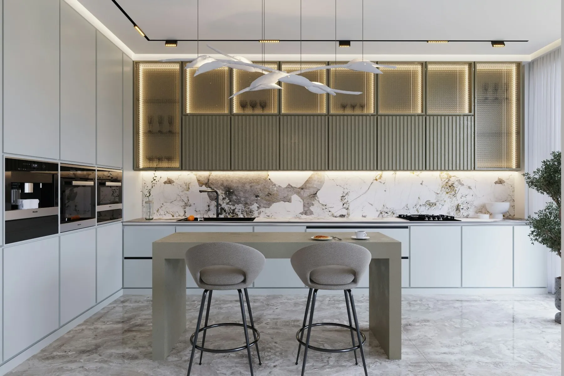 Kitchen with dark marble island