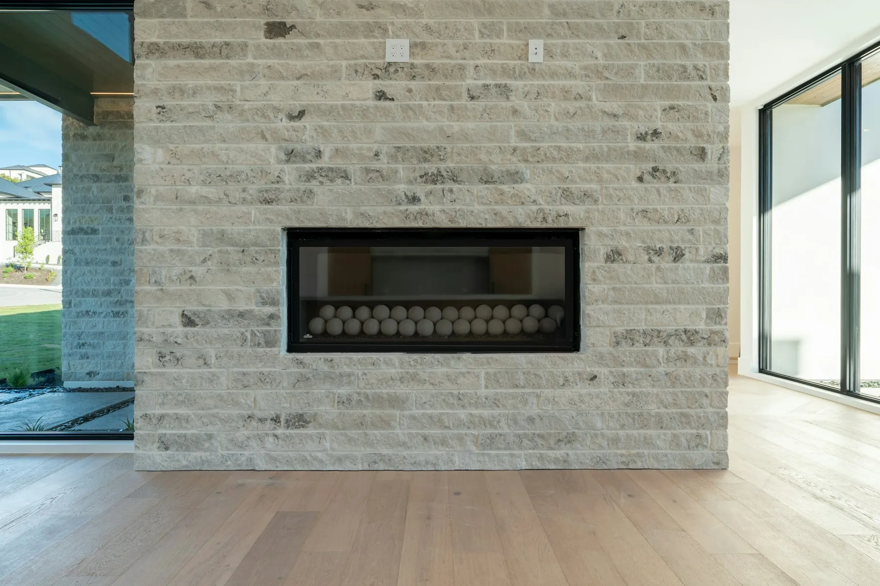Living room with the original brick hearth