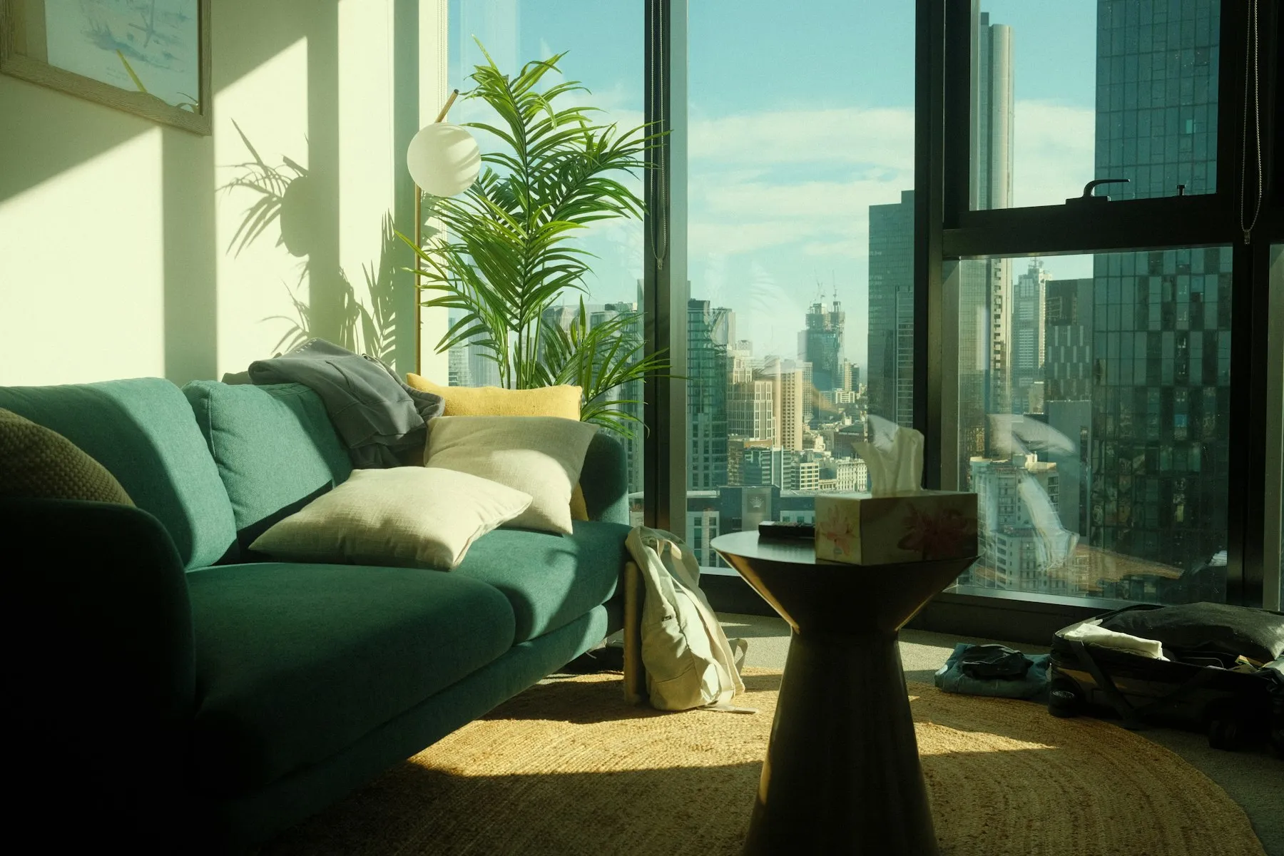 Living room with the city to the west