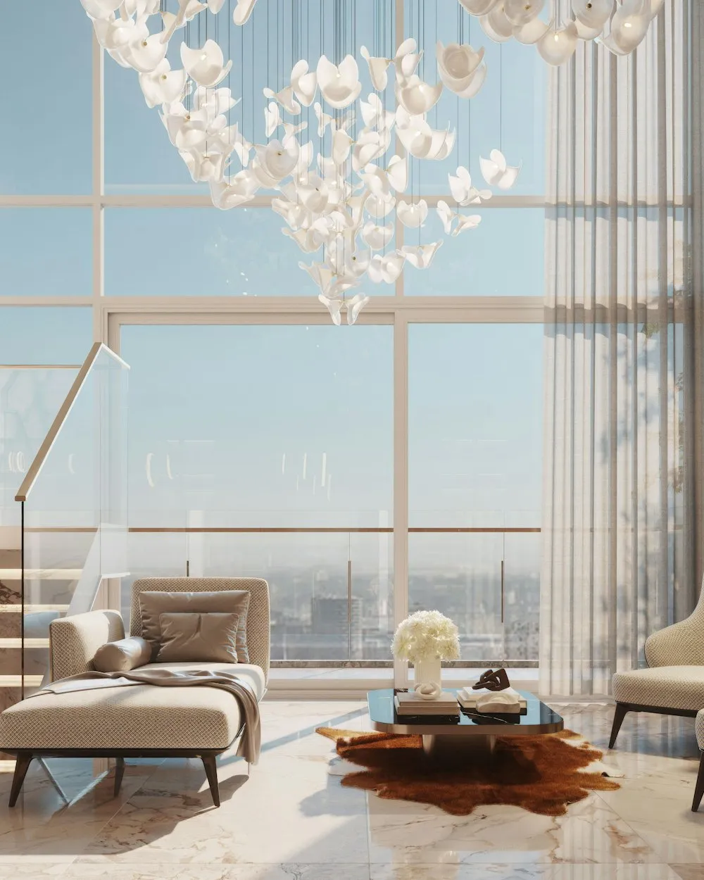 Penthouse living room with floor-to-ceiling glass
